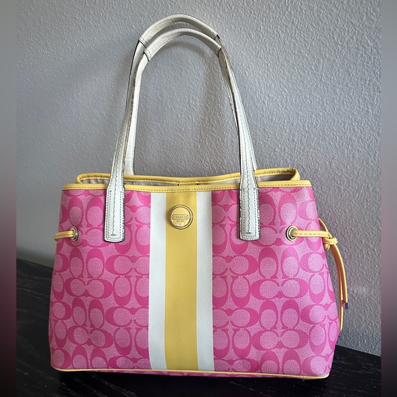 Coach Signature 'C' Legacy Striped Tote Bag Satchell Pink and Yellow - Picture 2 of 16